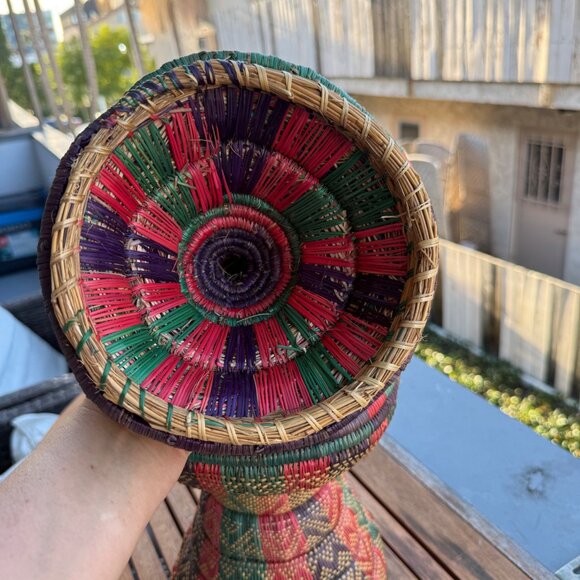 Handwoven African Basket With Lid - Multicolor Red/Green/Purple - Natural Grass - Picture 5 of 7